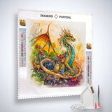 Colorful dragon diamond painting kit with canvas, acrylic diamonds, and tools