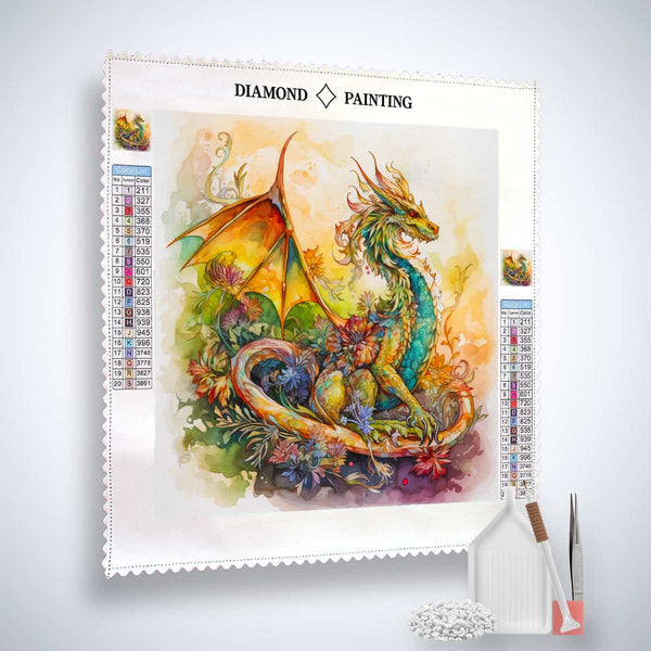 Colorful dragon diamond painting kit with canvas, acrylic diamonds, and tools