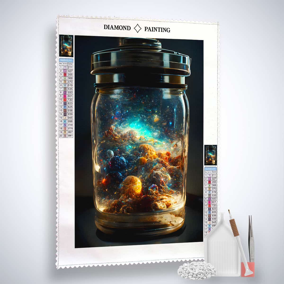AB Diamond Painting - Weltall im Glas Kit with completed painting of outer space in a jar, acrylic diamonds, tweezers, and setzstift shown