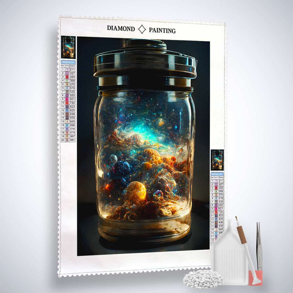 AB Diamond Painting - Weltall im Glas Kit with completed painting of outer space in a jar, acrylic diamonds, tweezers, and setzstift shown