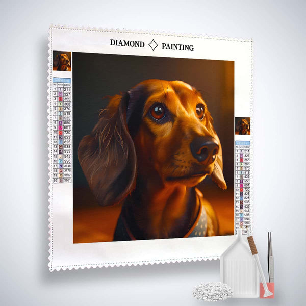 Diamond Painting Kit featuring a Dachshund in golden hour, complete with acrylic diamonds, tweezer, and setting tools.