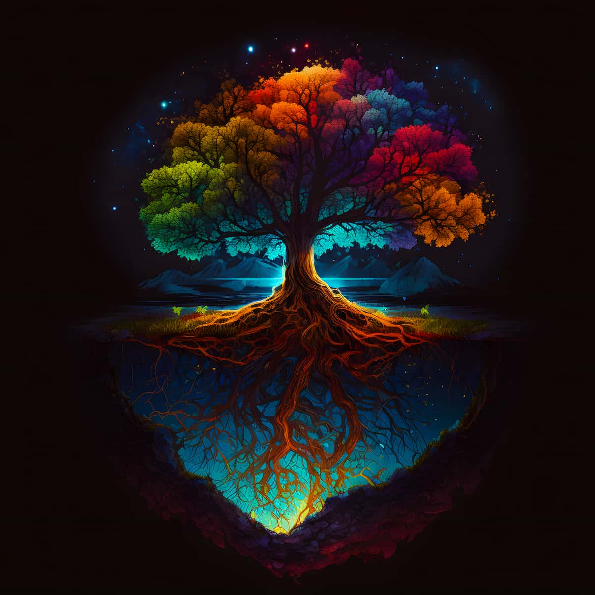 Malen nach Zahlen - Bunter Baum in der Nacht mit leuchtenden Farben, am Seeufer mit Bergen im Hintergrund.