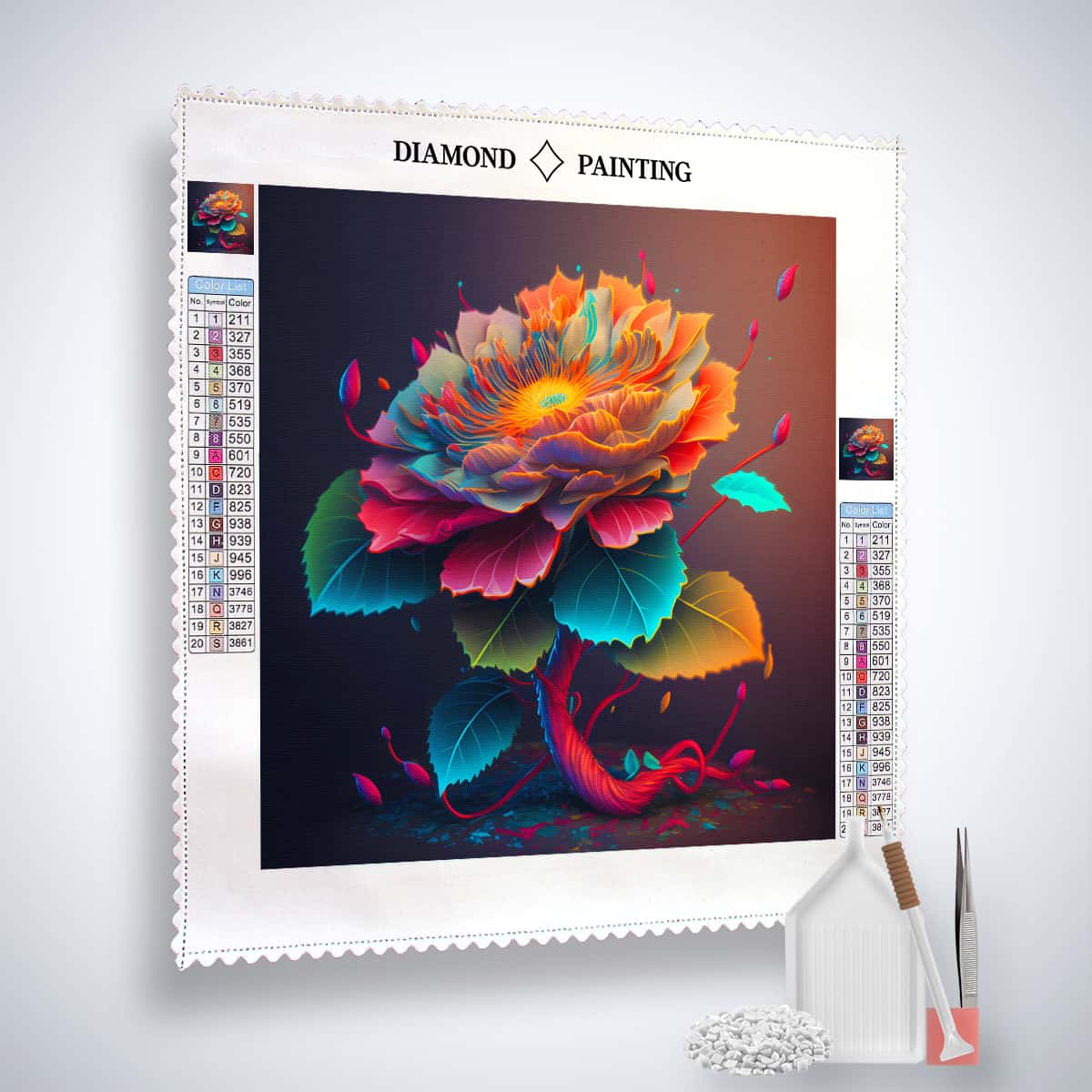 Diamond Painting Kit Sonnenschein Blume with colorful blooming flower, acrylic diamonds, tweezers, and setzstift for artistic creation