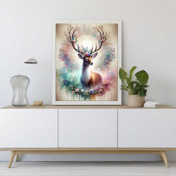 Diamond Painting mit Reh und Blumenkranz auf weißem Hintergrund, umgeben von pastellfarbenen Aquarellakzenten, strahlt beruhigende Romantik aus.