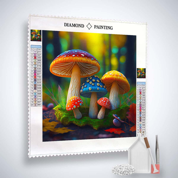 AB Diamond Painting Kit - Regenbogenpilze mit Leinwand, Acryl Diamonds und Künstler-Werkzeugen für funkelnde Kunst.