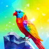 Bunte Diamant Papagei auf einem Stein, strahlende Kunstwerk aus dem AB Diamond Painting Kit. Perfekt für kreative Diamond Painting Liebhaber.