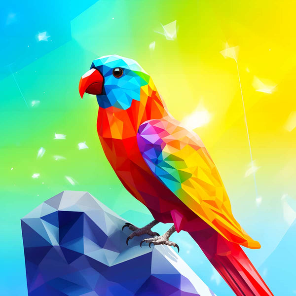 Bunte Diamant Papagei auf einem Stein, strahlende Kunstwerk aus dem AB Diamond Painting Kit. Perfekt für kreative Diamond Painting Liebhaber.