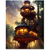 Fantasy Treehouse at Sunset - Diamond Painting Waldturm Kit with Acrylic Diamonds, Professional Canvas, and Artist Tweezers