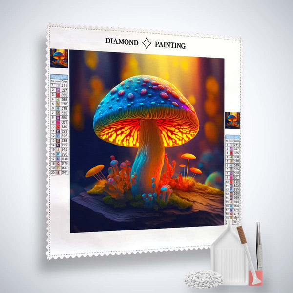 AB Diamond Painting Leuchtpilz Kit featuring a glowing mushroom with colorful acrylic diamonds, artist tweezers, and setzstift on professional canvas
