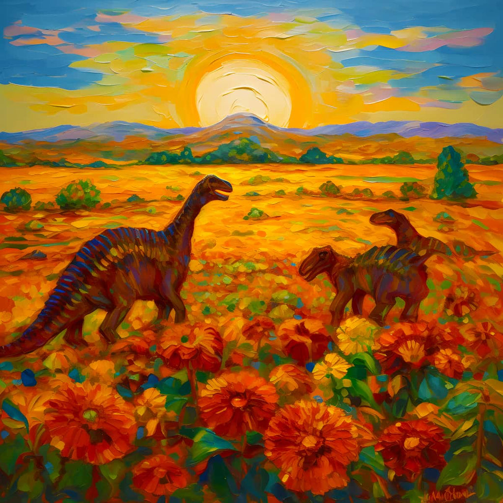 Painting by numbers of dinosaurs in a flower field with a sunset background.