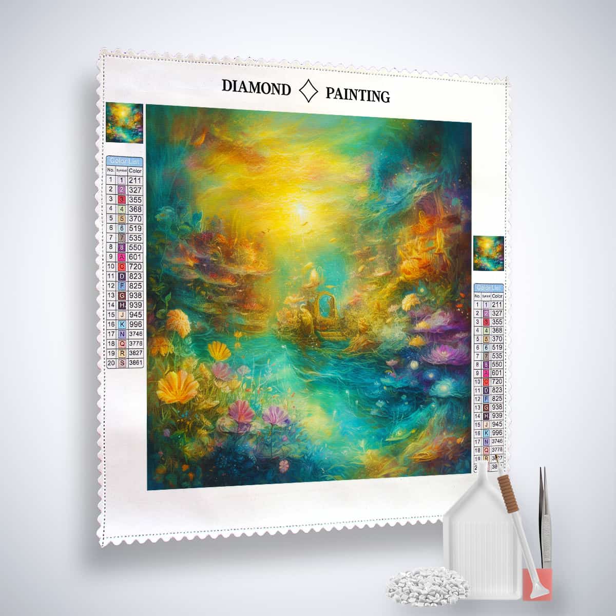 Diamond Painting Kit with vibrant forest scene, canvas, acrylic diamonds, tweezers, and professional setting pen.