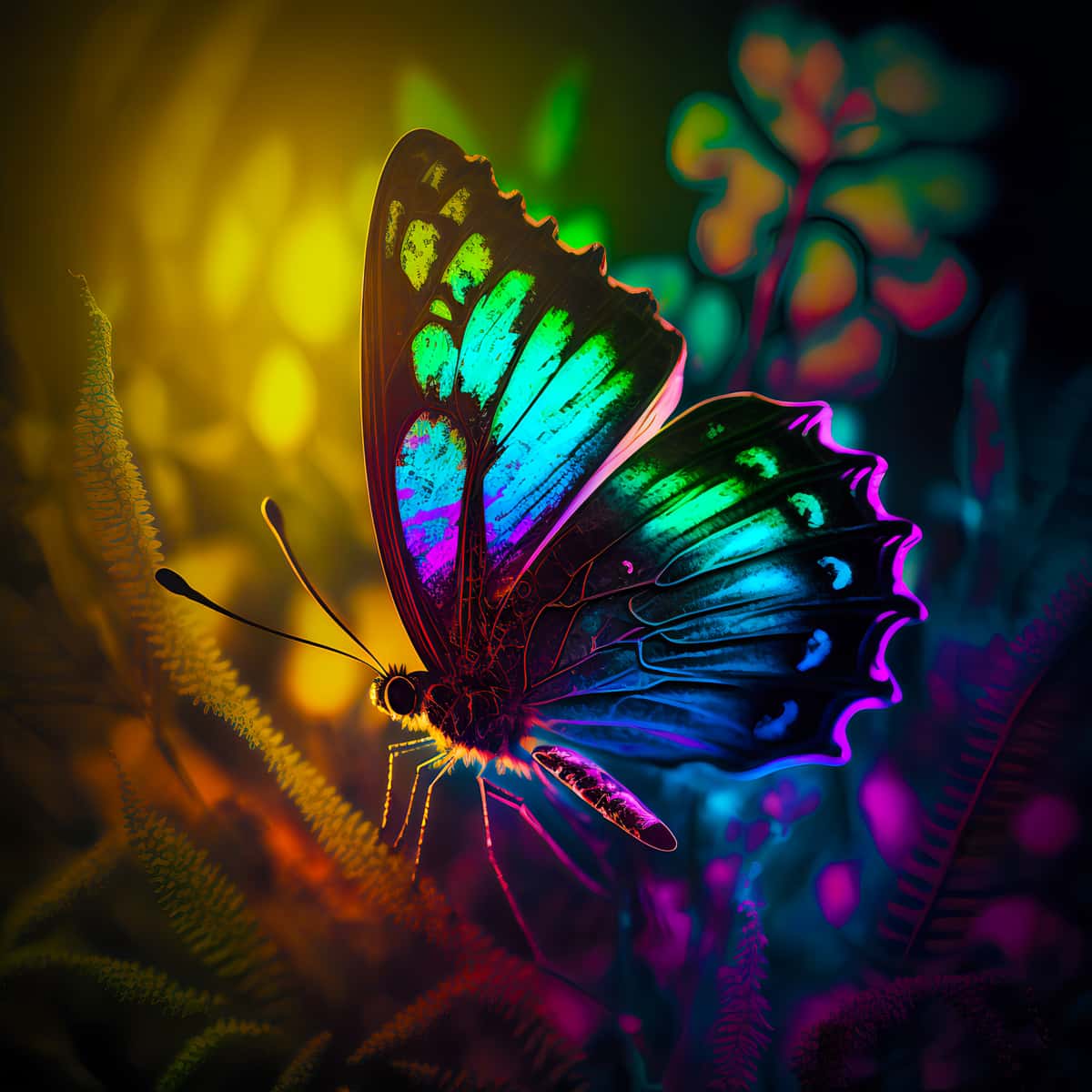 Diamond painting of a brightly colored butterfly at night with neon blue, green, and purple hues fluttering amidst vibrant foliage.