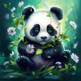 Niedliches Panda Junges mit Blumen – Diamond Painting Motiv