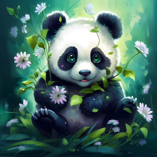 Niedliches Panda Junges mit Blumen – Diamond Painting Motiv