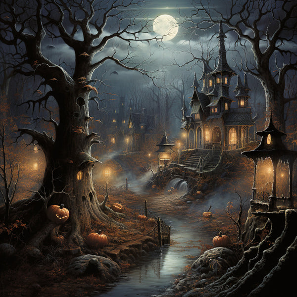 Spooky Halloween ghost forest painting with misty atmosphere, glowing pumpkins, eerie trees, and haunted Gothic castle under full moon.