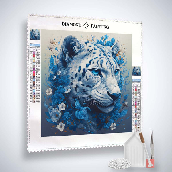 Diamond Painting Kit - Schneegepardin with acrylic diamonds, professional canvas, artist tweezers, and set-up tools for a sparkling artwork.