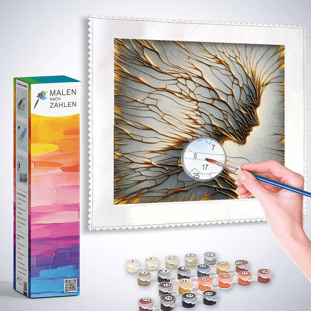 Hand painting Malen nach Zahlen "Geflüsterte Eleganz" artwork with golden lines, cool metallic tones, and paint set visible.
