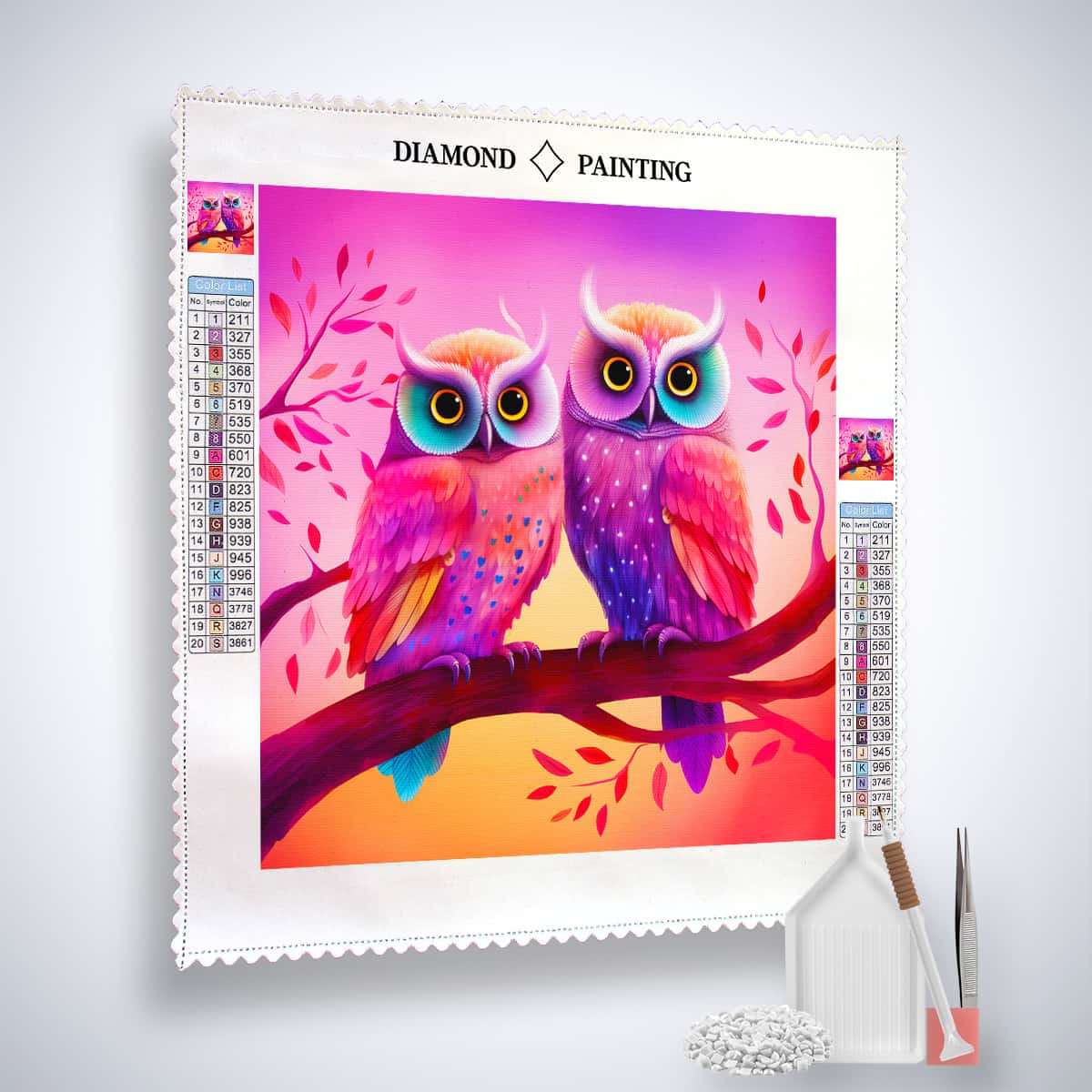 AB Diamond Painting Eulenliebe Kit - Colorful Owl Design with Canvas, Acrylic Diamonds, Tweezers, and Professional Setting Pen