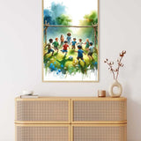 Painting of children playing outdoors displayed above a wooden chest in a modern living room.