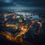 Aerial view of Hamburg at night, showcasing city lights and iconic landmarks, perfect for a Diamond Painting project.