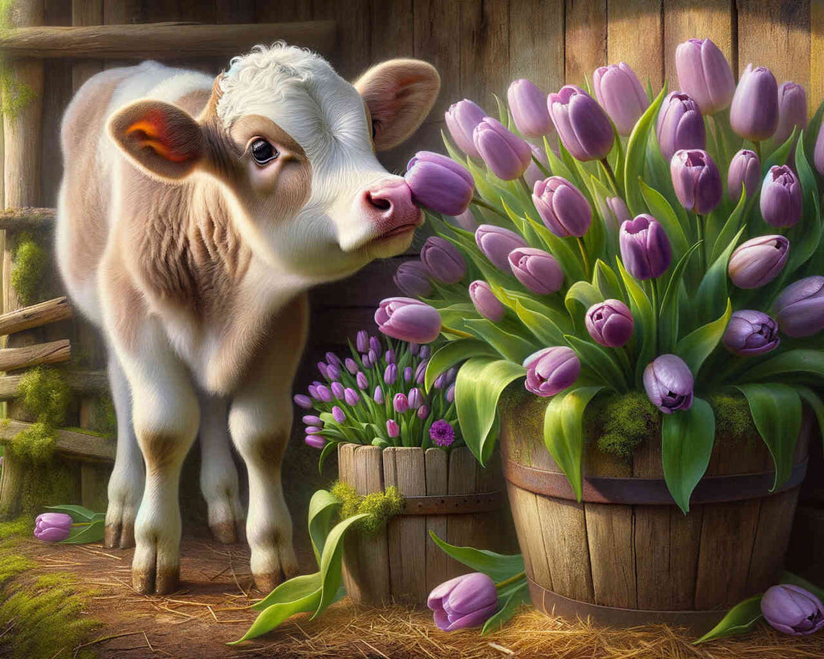 Malen nach Zahlen - Kuh und Tulpen