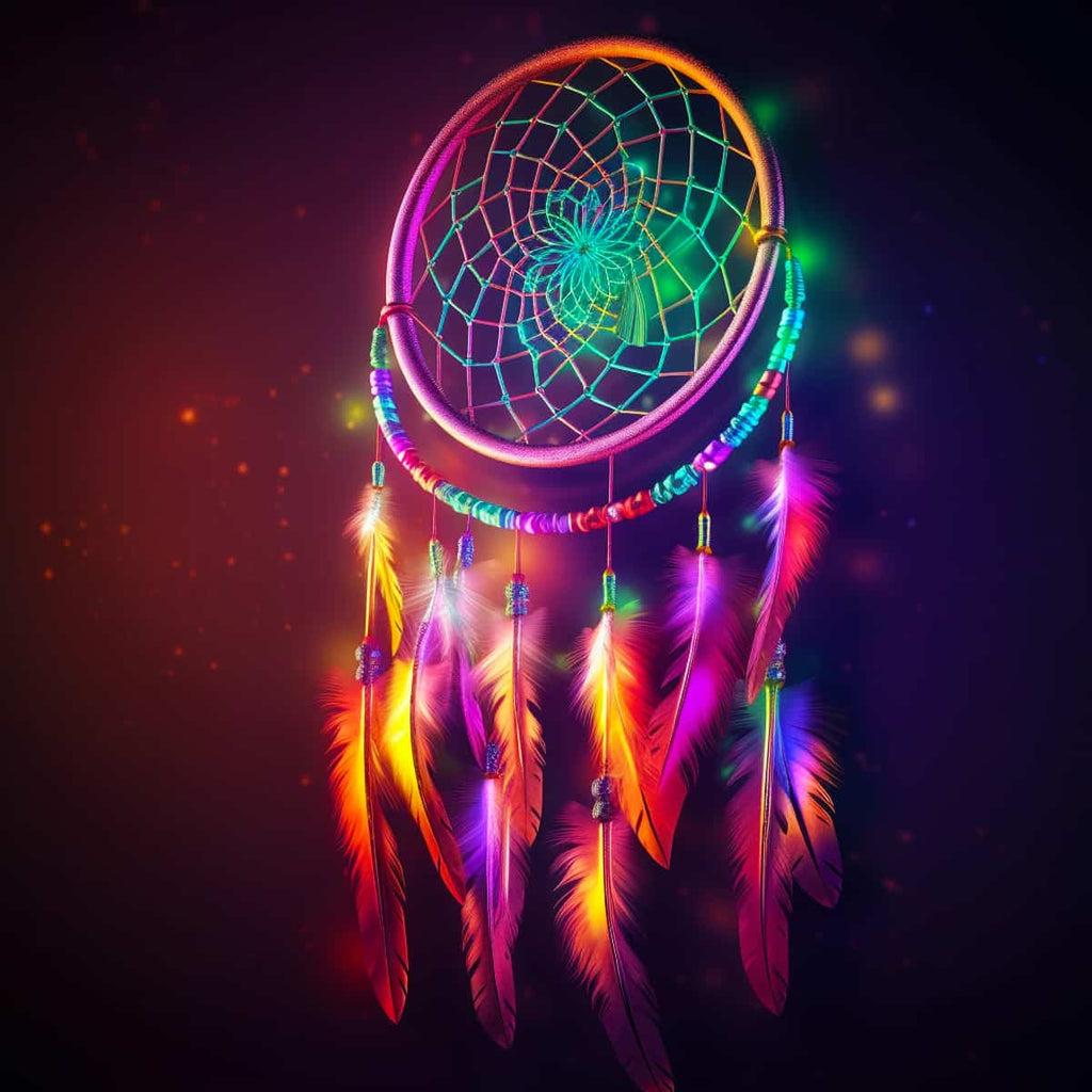 Neon-colored dreamcatcher with vibrant feathers and a glowing web against a dark background