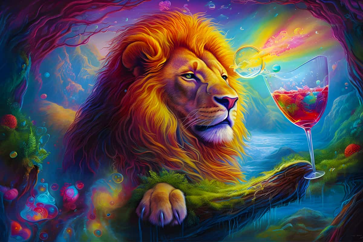 Vibrant diamond painting of a lion with a colorful mane, surrounded by mystical scenery and a wine glass, included in AB Diamond Painting Löwenspiel kit.