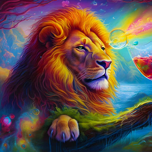 Vibrant diamond painting of a lion with a colorful mane, surrounded by mystical scenery and a wine glass, included in AB Diamond Painting Löwenspiel kit.