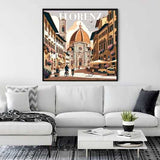 Painting of a sunny Florentine street scene with Santa Maria del Fiore cathedral, displayed above a modern white sofa.