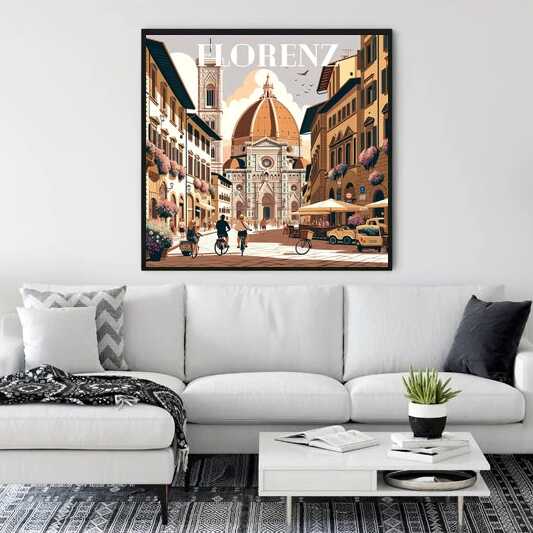 Painting of a sunny Florentine street scene with Santa Maria del Fiore cathedral, displayed above a modern white sofa.