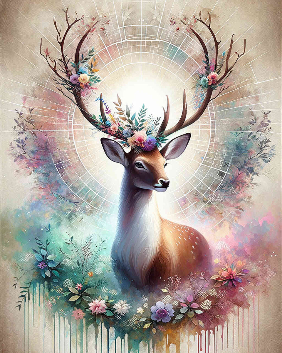 Diamond painting of a deer with flowers and branches on its antlers, white background with pastel watercolor aura.