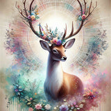 Diamond painting of a deer with flowers and branches on its antlers, white background with pastel watercolor aura.