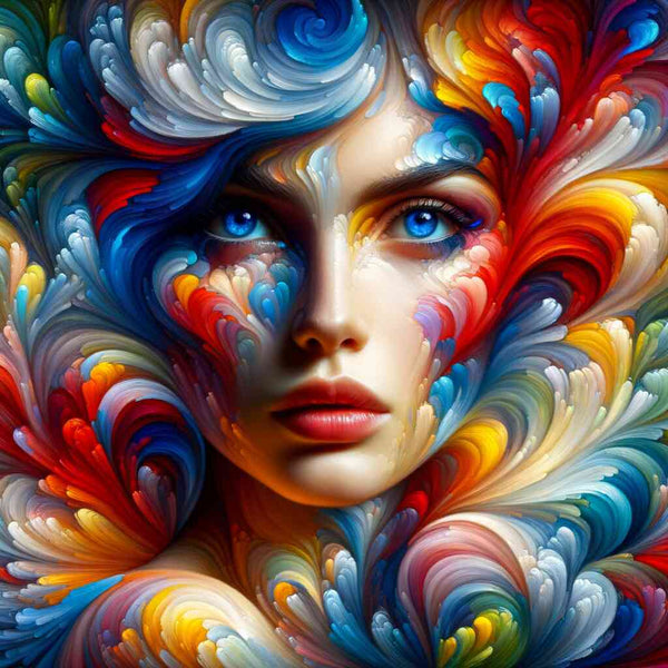 AB Diamond Painting - Frau mit blauen Augen umhüllt von bunten Farben in lebhaftem Impressionismus, dynamische Rot-, Blau- und Gelbtöne.