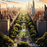 Beautiful NY Cityscape Painting by Numbers, featuring a stunning view of a tree-lined avenue and skyscrapers under a vibrant sunset sky.