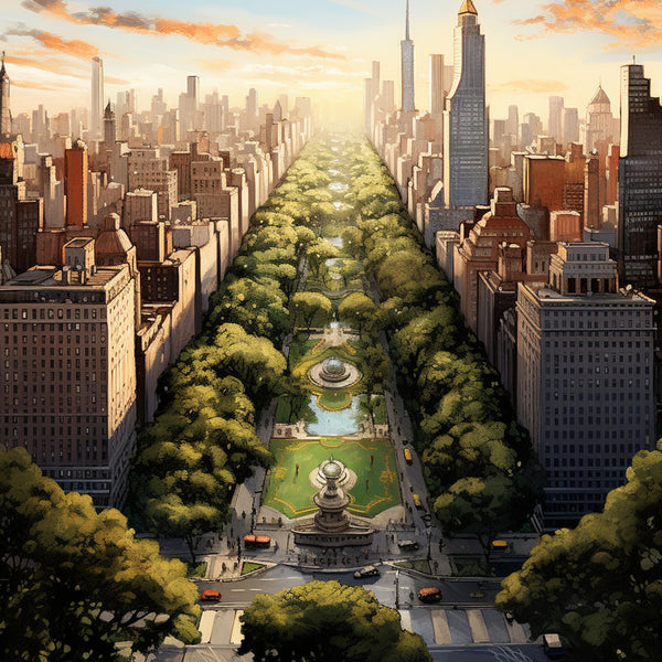 Beautiful NY Cityscape Painting by Numbers, featuring a stunning view of a tree-lined avenue and skyscrapers under a vibrant sunset sky.