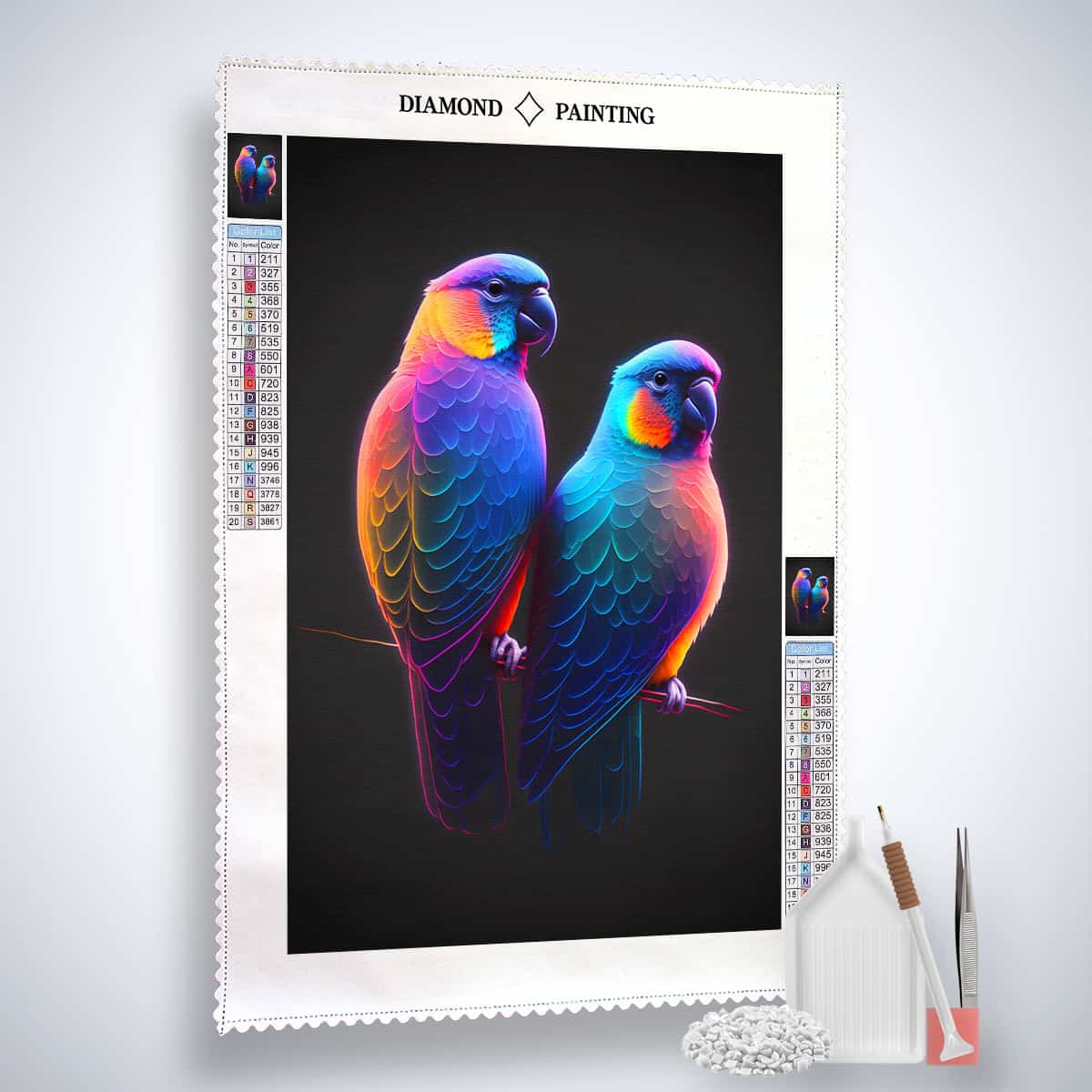 AB Diamond Painting Kit Vögel Liebespaar - Profi-Leinwand mit bunten Acryl Diamonds, Künstler-Pinzette und Setzstift. Funkelnde Kunst zum Selbermachen.