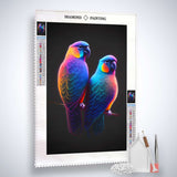 AB Diamond Painting Kit Vögel Liebespaar - Profi-Leinwand mit bunten Acryl Diamonds, Künstler-Pinzette und Setzstift. Funkelnde Kunst zum Selbermachen.