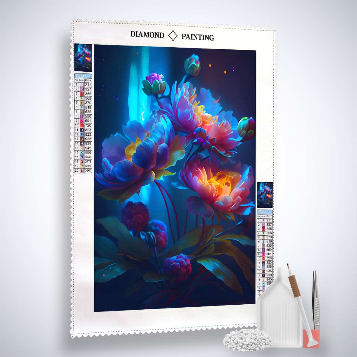 AB Diamond Painting - Blumengesteck Neon with included tools and vibrant flowers on professional canvas.
