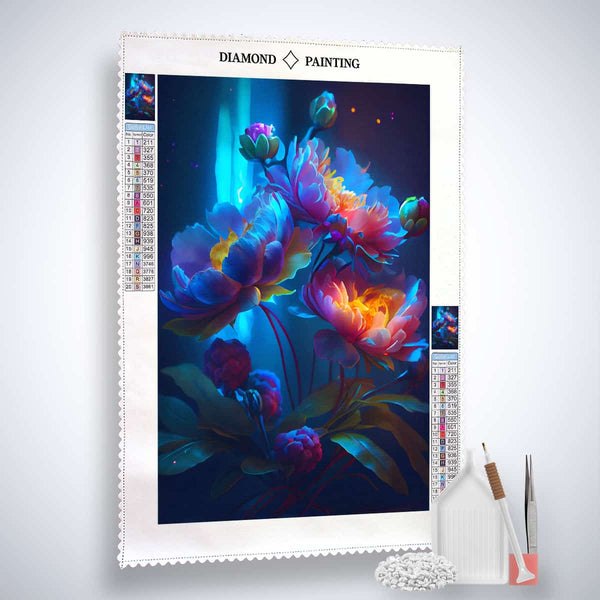 AB Diamond Painting - Blumengesteck Neon with included tools and vibrant flowers on professional canvas.