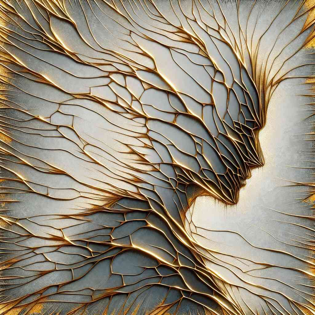 Abstraktes Kunstwerk "Geflüsterte Eleganz" mit goldenen Adern und kühler, metallischer Landschaft für luxuriöse Ruhe und subtile Anmut.