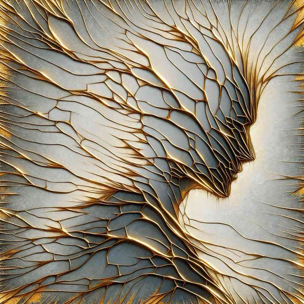 Abstraktes Kunstwerk "Geflüsterte Eleganz" mit goldenen Adern und kühler, metallischer Landschaft für luxuriöse Ruhe und subtile Anmut.