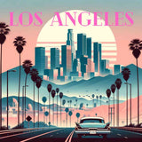 Retro illustration of Los Angeles skyline with palm trees, vintage car driving toward city, and 'Los Angeles' text in vibrant colors.