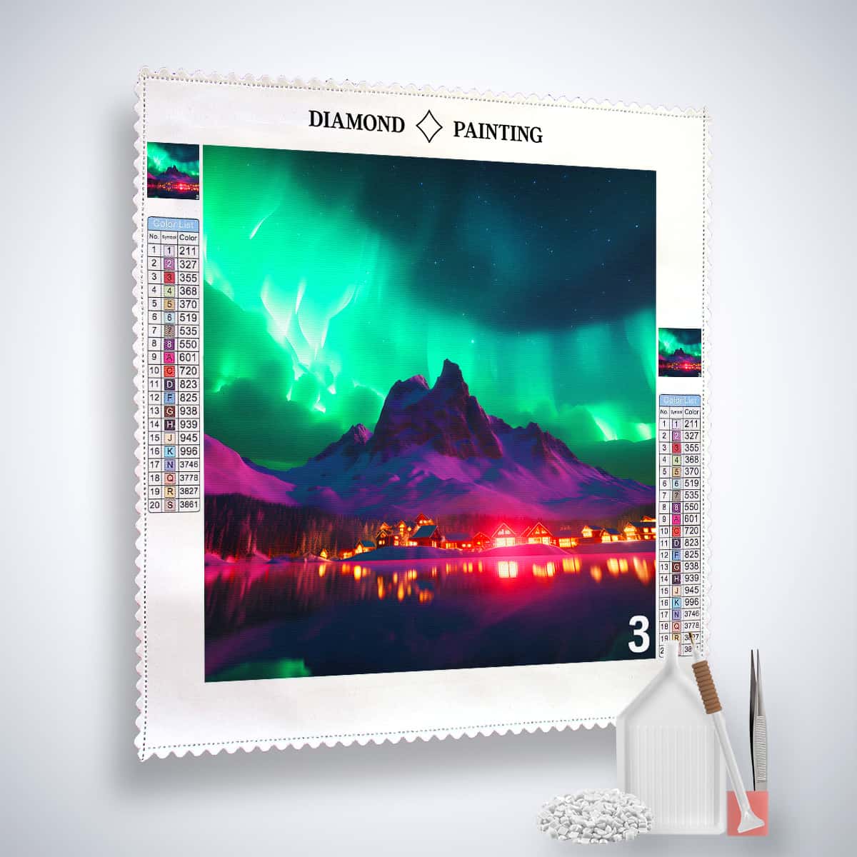 AB Diamond Painting Kit - Nordlichter über der Stadt. Inkl. Profi-Leinwand, Acryl Diamonds, Pinzette, Setzstift und Flächensetzer.