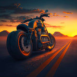 Sunset ride with classic cruiser motorcycle on open road, Diamond Painting Kit – art that sparkles!