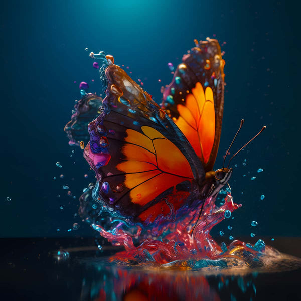 Vibrant butterfly splashing in water, showcasing the mesmerizing beauty of AB Diamond Painting - Schmetterling badet.