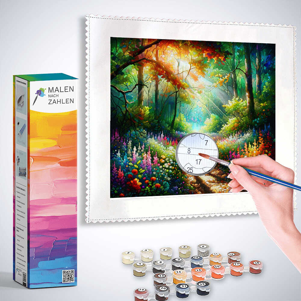 Malen nach Zahlen - Waldschein kit showing a hand painting a colorful forest scene with sunlight streaming through trees and wildflowers