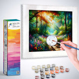 Malen nach Zahlen - Waldschein kit showing a hand painting a colorful forest scene with sunlight streaming through trees and wildflowers