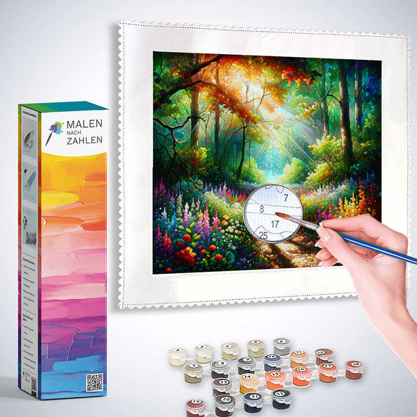 Malen nach Zahlen - Waldschein kit showing a hand painting a colorful forest scene with sunlight streaming through trees and wildflowers