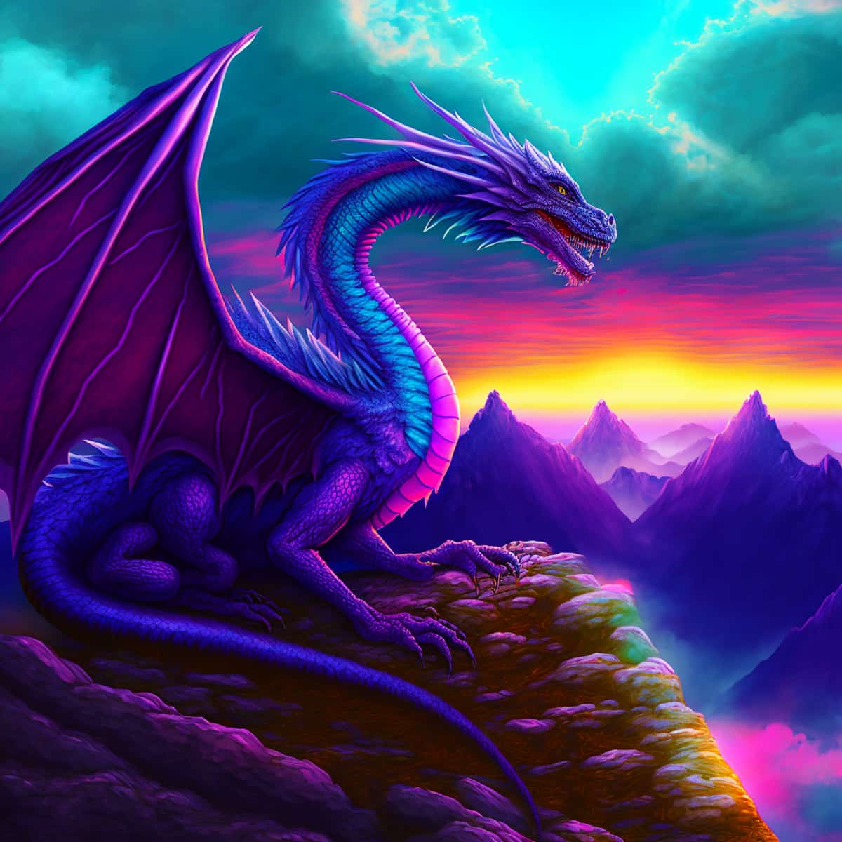 Diamond Painting - Erdenwächter: Majestic purple dragon overlooking a vibrant sunset and mountainous landscape.