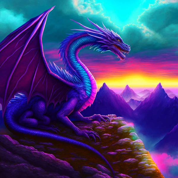 Diamond Painting - Erdenwächter: Majestic purple dragon overlooking a vibrant sunset and mountainous landscape.
